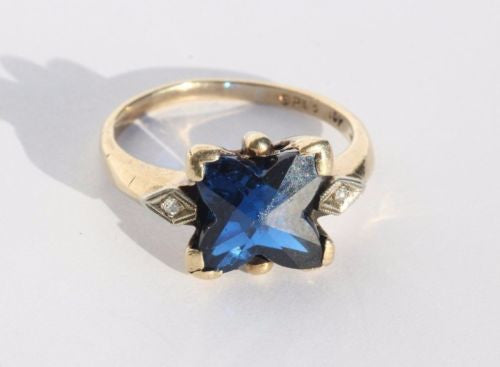 Antique 10K Gold Fancy Cut Electric Blue Spinel & Diamond Ring by Sacks & Perry - Queen May