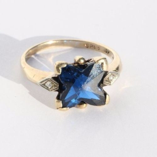 Antique 10K Gold Fancy Cut Electric Blue Spinel & Diamond Ring by Sacks & Perry - Queen May