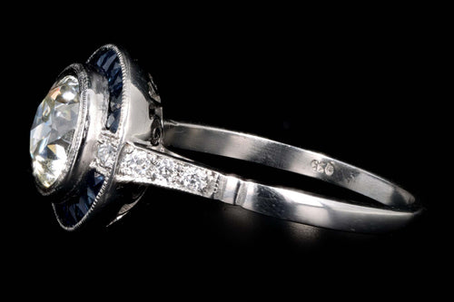 Art Deco Inspired Platinum 1.53 Carat Old European Cut Diamond & Natural Sapphire Halo Engagement Ring - Queen May