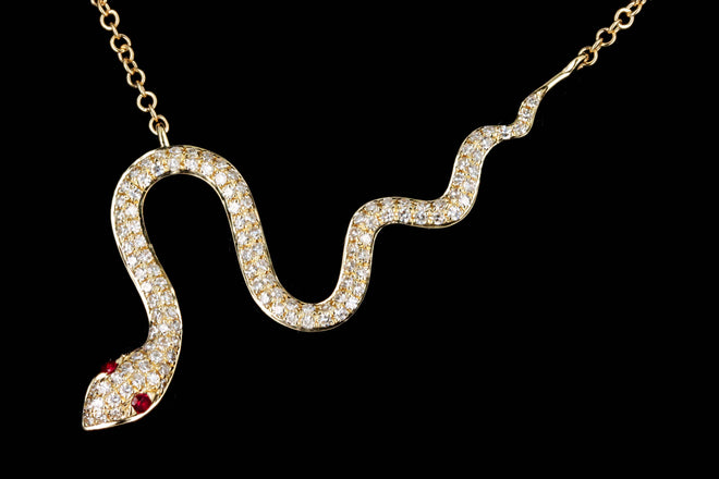 14K Yellow Gold Diamond & Ruby Snake Pendant Necklace - Queen May