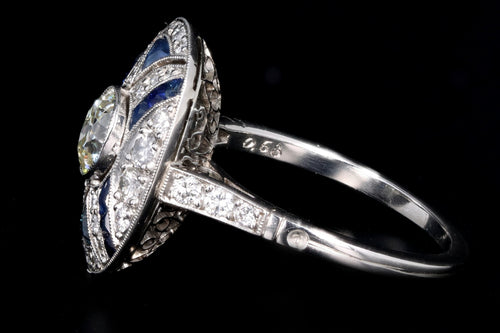 Art Deco Inspired Platinum .68 Carat Old European Cut Diamond & Natural Sapphire Ring - Queen May