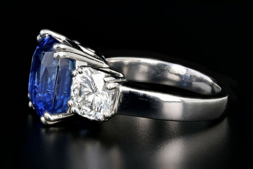 Modern Platinum 6.65 Carat Ceylon Sapphire and Octagonal Cut Diamond Three Stone Ring - Queen May