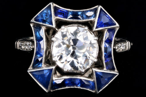 Art Deco Inspired Platinum 1.48 Carat Old European Diamond & Natural Sapphire Ring - Queen May