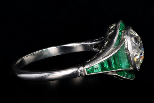 Art Deco Inspired Platinum 1.97 Carat Old Mine Diamond & Natural Emerald Engagement Ring - Queen May