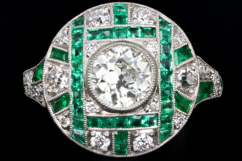 Art Deco Inspired Platinum .93 Carat Old European Diamond & Natural Emerald Ring - Queen May