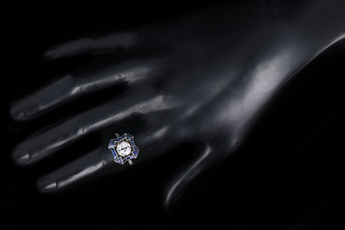 Art Deco Inspired Platinum 1.48 Carat Old European Diamond & Natural Sapphire Ring - Queen May