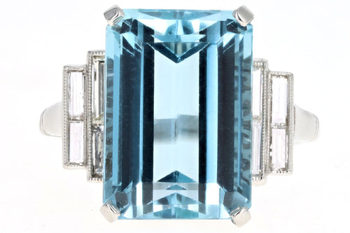 Art Deco Inspired Platinum 9.39 Carat Aquamarine & Baguette Diamond Ring - Queen May