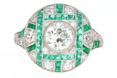 Art Deco Inspired Platinum .93 Carat Old European Diamond & Natural Emerald Ring - Queen May