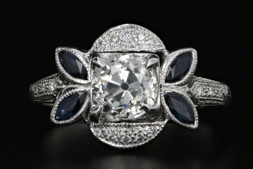 Art Deco 18K White Gold 1.16 Carat Old Mine Cut Diamond & Sapphire Ring GIA Certified - Queen May