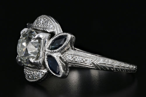 Art Deco 18K White Gold 1.16 Carat Old Mine Cut Diamond & Sapphire Ring GIA Certified - Queen May