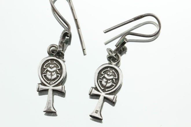 Antique Silver Egyptian Ankh Scarab Lotus Earrings Signed Dated 1946 - Queen May