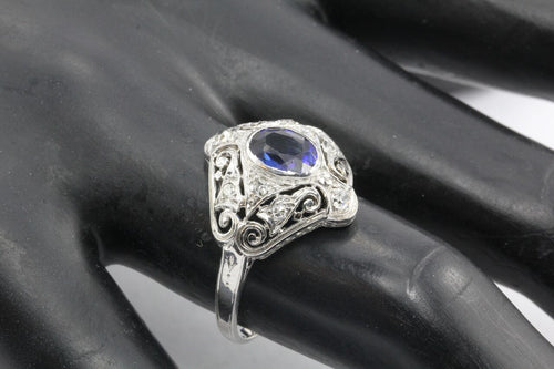 Art Deco 18K White Gold Filigree Sapphire and Diamond Ring - Queen May