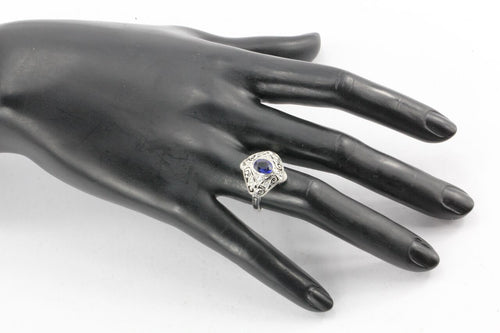 Art Deco 18K White Gold Filigree Sapphire and Diamond Ring - Queen May