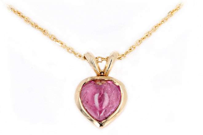 14K Yellow Gold 1.25 Carat Heart Cabochon Cut Tourmaline Pendant Necklace - Queen May