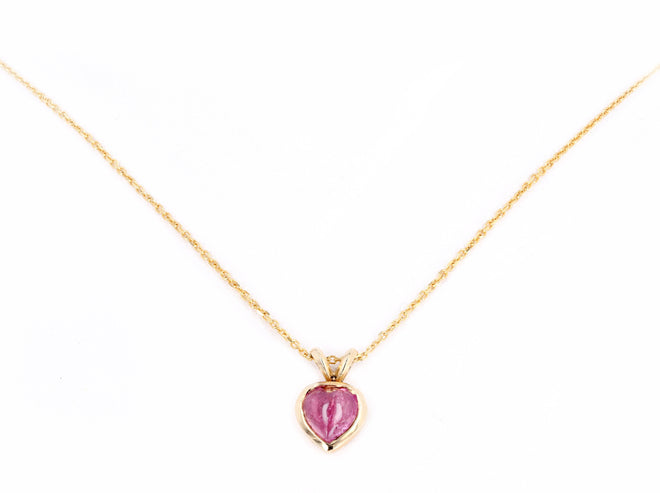 14K Yellow Gold 1.25 Carat Heart Cabochon Cut Tourmaline Pendant Necklace - Queen May