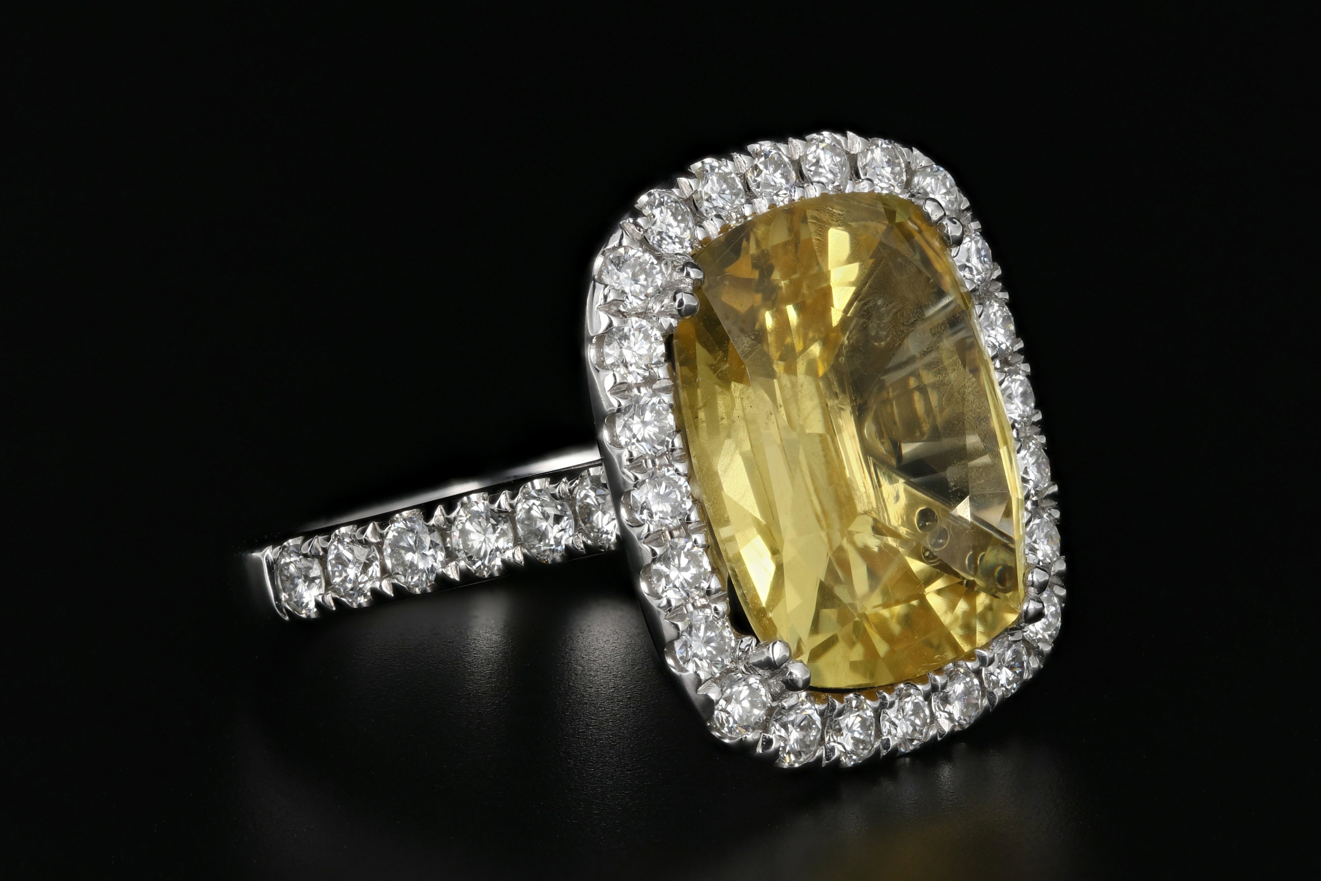 New 14K White Gold 10.83 Carat Natural Yellow Sapphire Diamond Ring AGL Certified